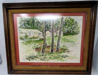 Framed Watercolor Painting House & Trees Signed Rapi  1985