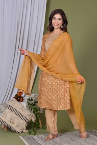 Nuevo Hermoso Tela Maslin Bordado Trabajo Impreso Kurti con Pintura Dupatta Set - Imagen 3 de 9