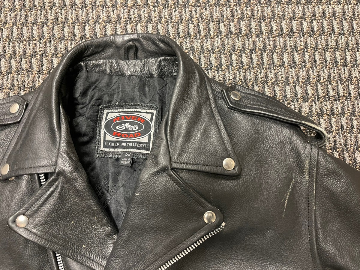 River Road Traditional Biker Slant-Zipper Black Leather Jacket
