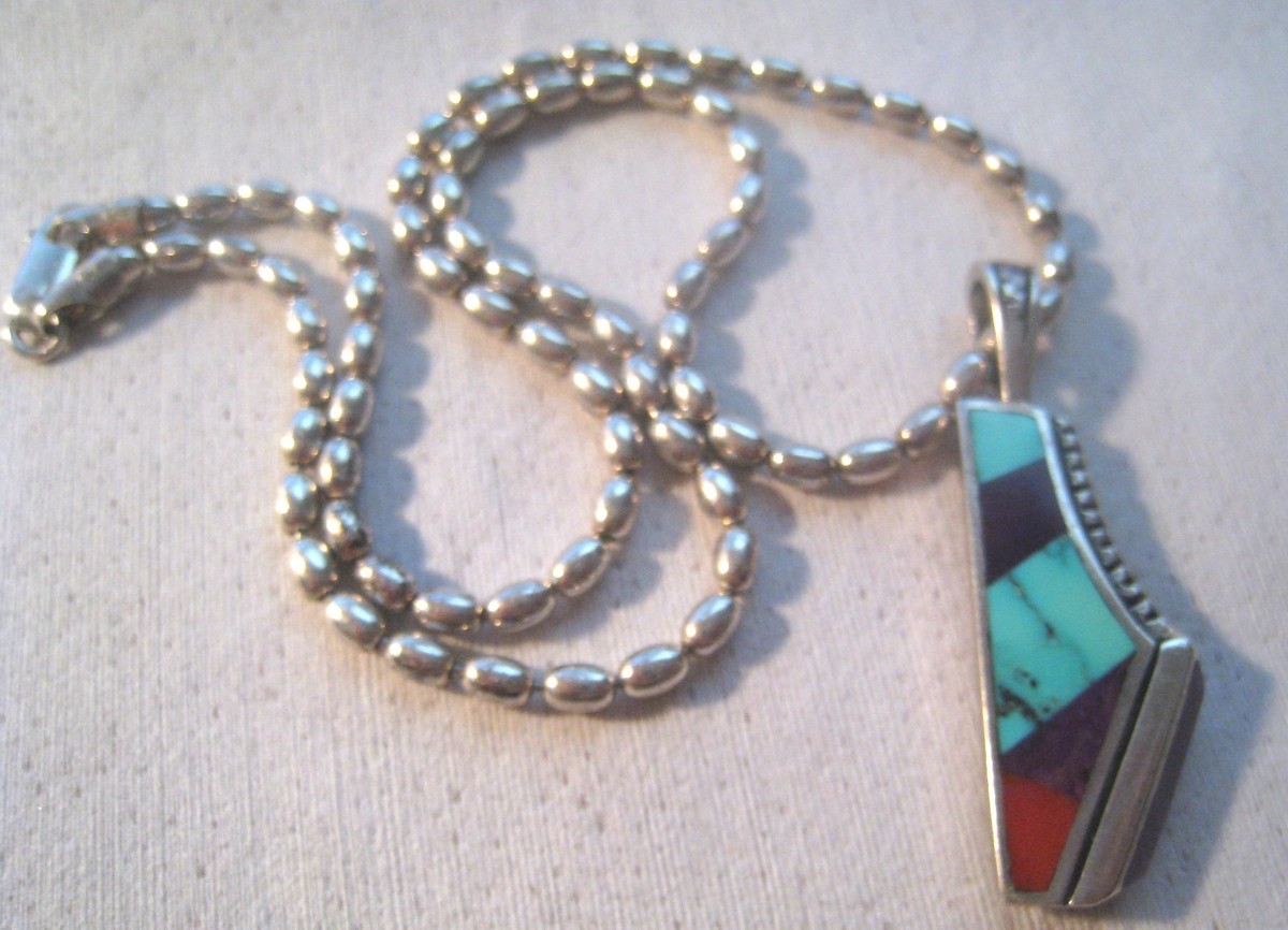 Vintage IJS JAXON NM Sterling Stone Inlay Pendant -Sterling Bead