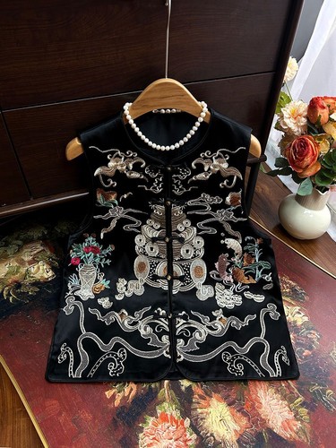 Chaleco bordado para mujer Chino Tang Cardigan cuello redondo mancha chaleco chalecos - Imagen 7 de 18