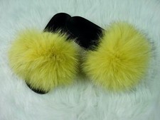 New Yellow Real Silver Fox Fur Slide Sandals Fluffy Fancy Slippers Slide Women's