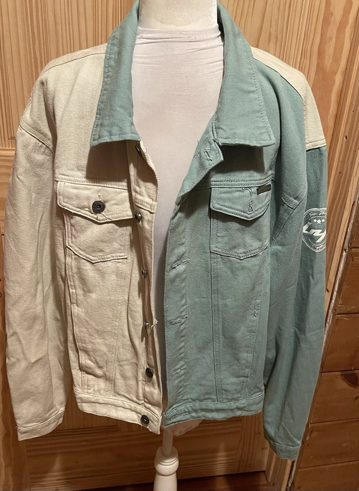 OFF WHITE Giacca da camionista verde e bianco sporco nuova Liquor and Poker taglia Large ~ NUOVISSIMA