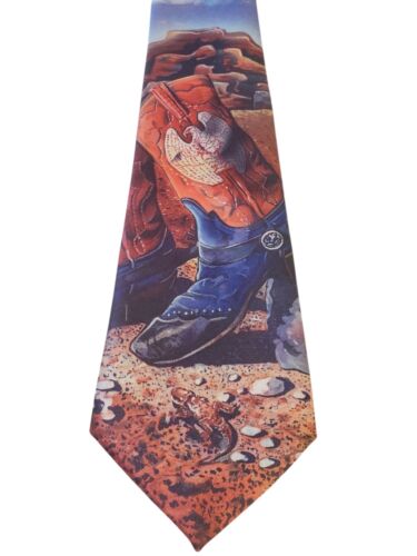 Vintage Ralph Marlin "Boots & Spurs" Mens Tie Necktie 1992 Blue with Cowboy Boot - Picture 2 of 12