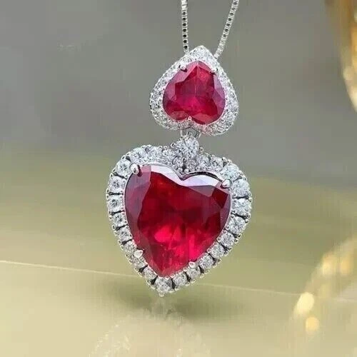 3 Ct Heart Cut Lab Created Red Ruby Halo Lovely Pendant In 14K White Gold Plated - Image 3 of 4