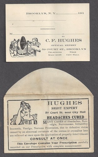 BROOKLYN, NY, C.F. HUGHES OPTICIAN, BUSINESS CARD & ADV ENVELOPE, c 1910's
