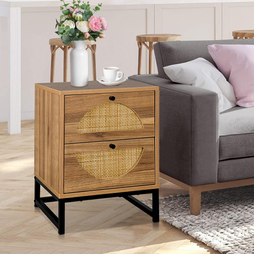 Ratten Nightstand, Natural End/Bedside Table Cabinet with 2 Ratten Drawers Stora - Picture 4 of 9