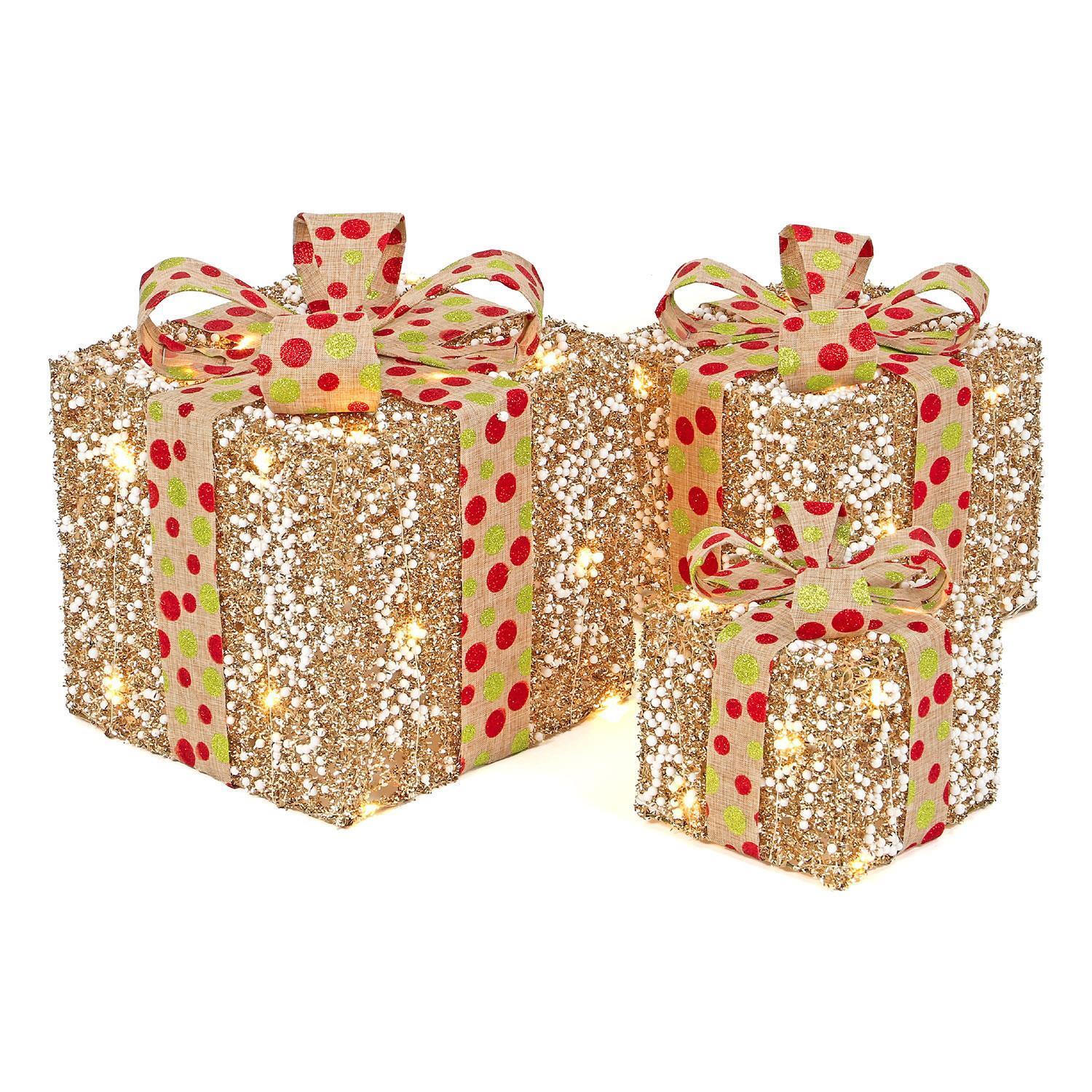 3 Light Up Christmas Present Decor 50 LED Gift Boxes Xmas Festive Dotted Ribbon