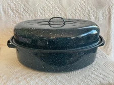 Vintage Speckled Enamelware Roaster Pan w/ Dome Lid Extra Large Oval USA 16x12x7