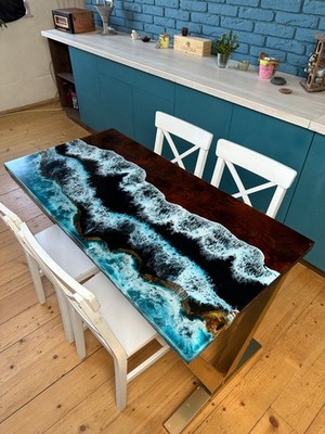 Live Edge Walnut Epoxy River Dining Table |Tropical Blue Resin Handmade tabletop