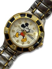 Vintage Disney Mickey Mouse Date Two Tone Link Bracelet Watch New Battery