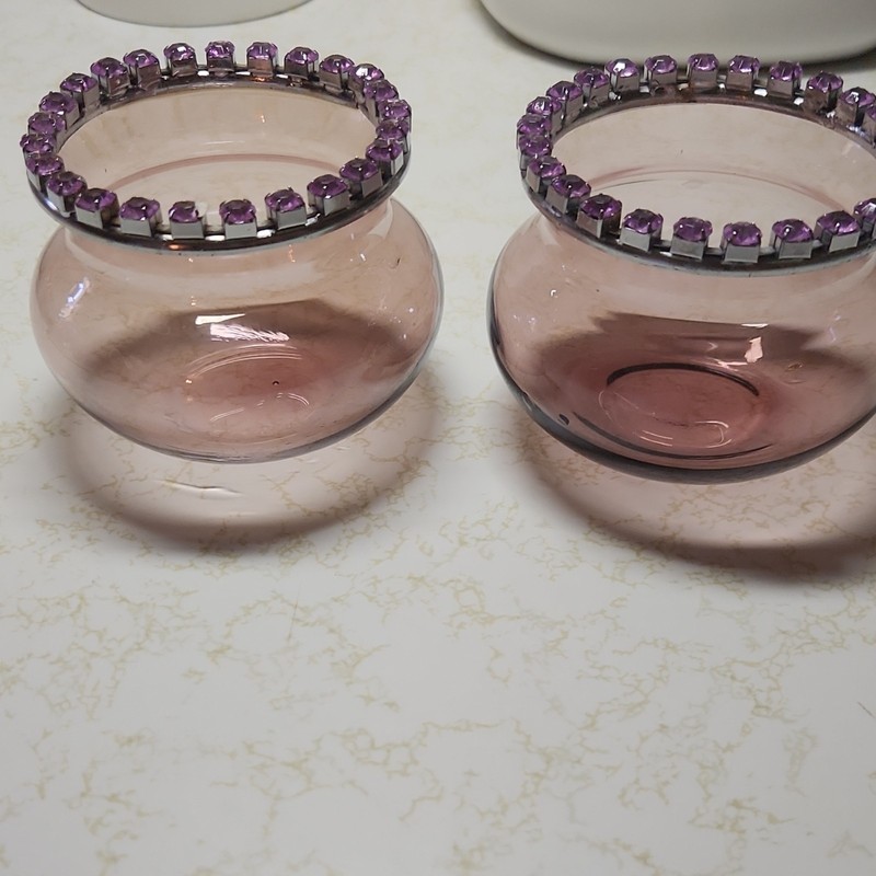 Purple Glass Tea Light Holders w/ Rhinestone Rim Set of 2 Round Freestanding