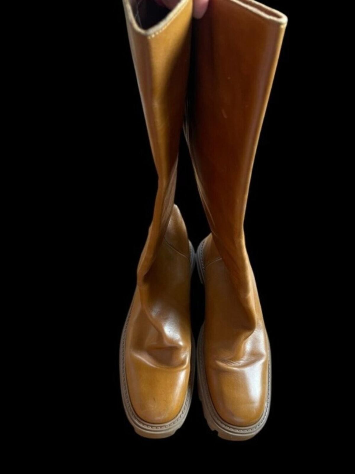 Zara Knee High Brown Leather Lug Sole Platform Riding Boots 39 (US 8)