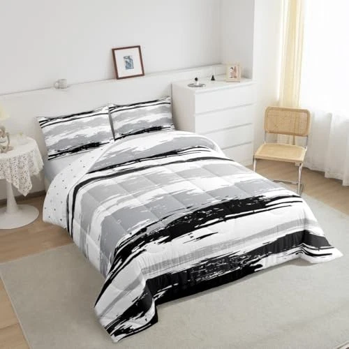  Abstract Black White Comforter Set Size Modern Grey Striped King Grey Black - Image 3 of 4