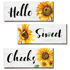 3 Pieces Sunflower Wall Decor Hello Sweet Wooden 10 x 4 x 0.2 inches, White