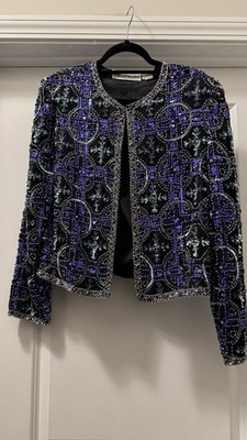 SCALA Vtg 90 s Formal Geometric Celtic Cross Sequin Beaded Silk Jacket Sz LP