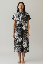 Vintage Sears Hawaiian Dress Small Black White Floral Butterfly Maxi Muumuu 70s