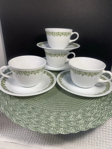 4 Vtg Crazy Daisy Spring Blossom Corelle Loop Handle Coffee Tea Cups And Saucers