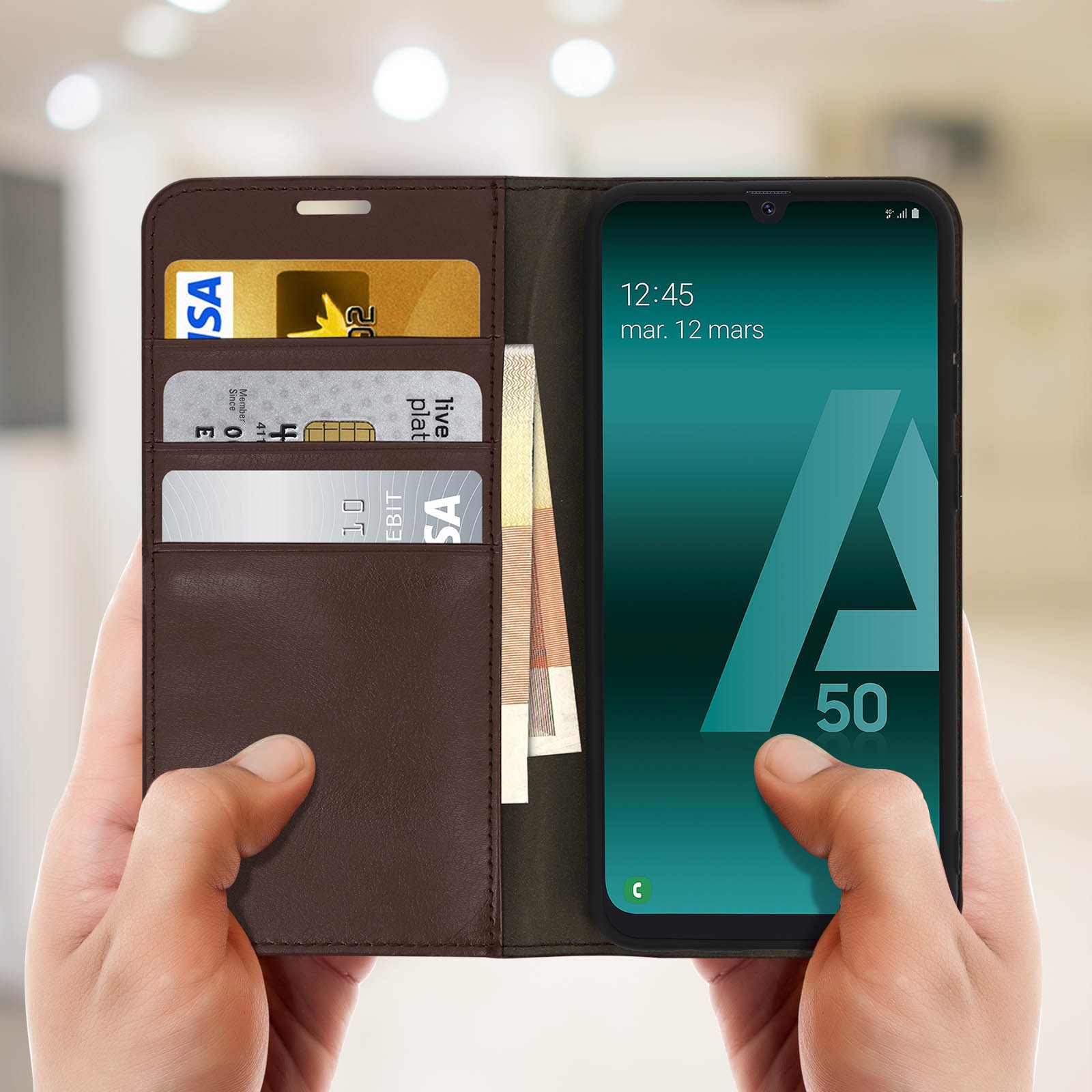 Housse antichoc cuir véritable marron pour Samsung A50