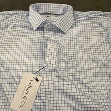NWT Collars and Co Dress Collar Polo Shirt Men Small White Light Blue Checkered