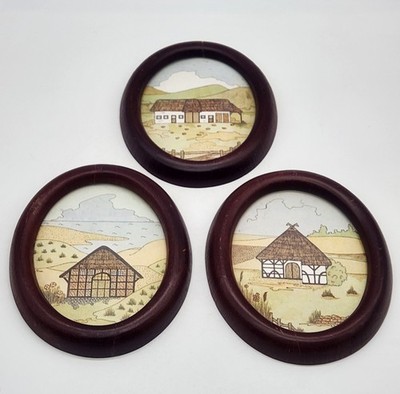 BB Boltze Bazar Vintage 3 Piece Thatched Cottage Framed Wall Hangings