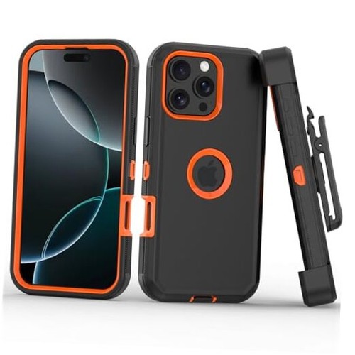 Kompatibel mit iPhone 16 Pro Max Hülle, mit Gürtelclip Holster Schwarz + Orange