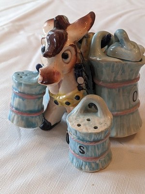 Vintage Japan Ceramic Donkey Salt & Pepper, Oil & Vinegar Holder, Burro