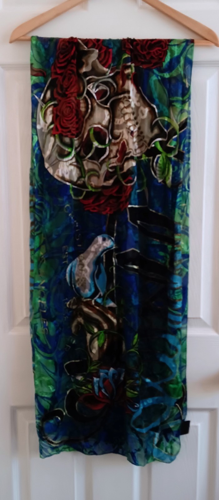 Y2K Christian Audigier Bufanda de Seda Mexicana Scull Rectangukar Rosas #2691 16x70"