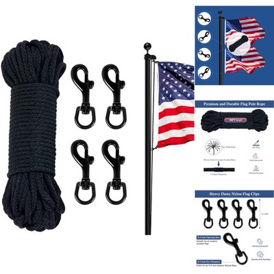 50ft Black Flag Pole Rope Kit 1/4'' Nylon Halyard Line 4 Swivel Snap Hook Clips