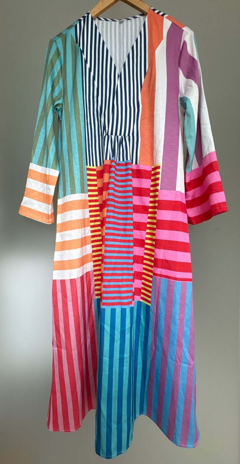 Multicolor Striped Patchwork Midi Dress V-Neck Lo… - image 1