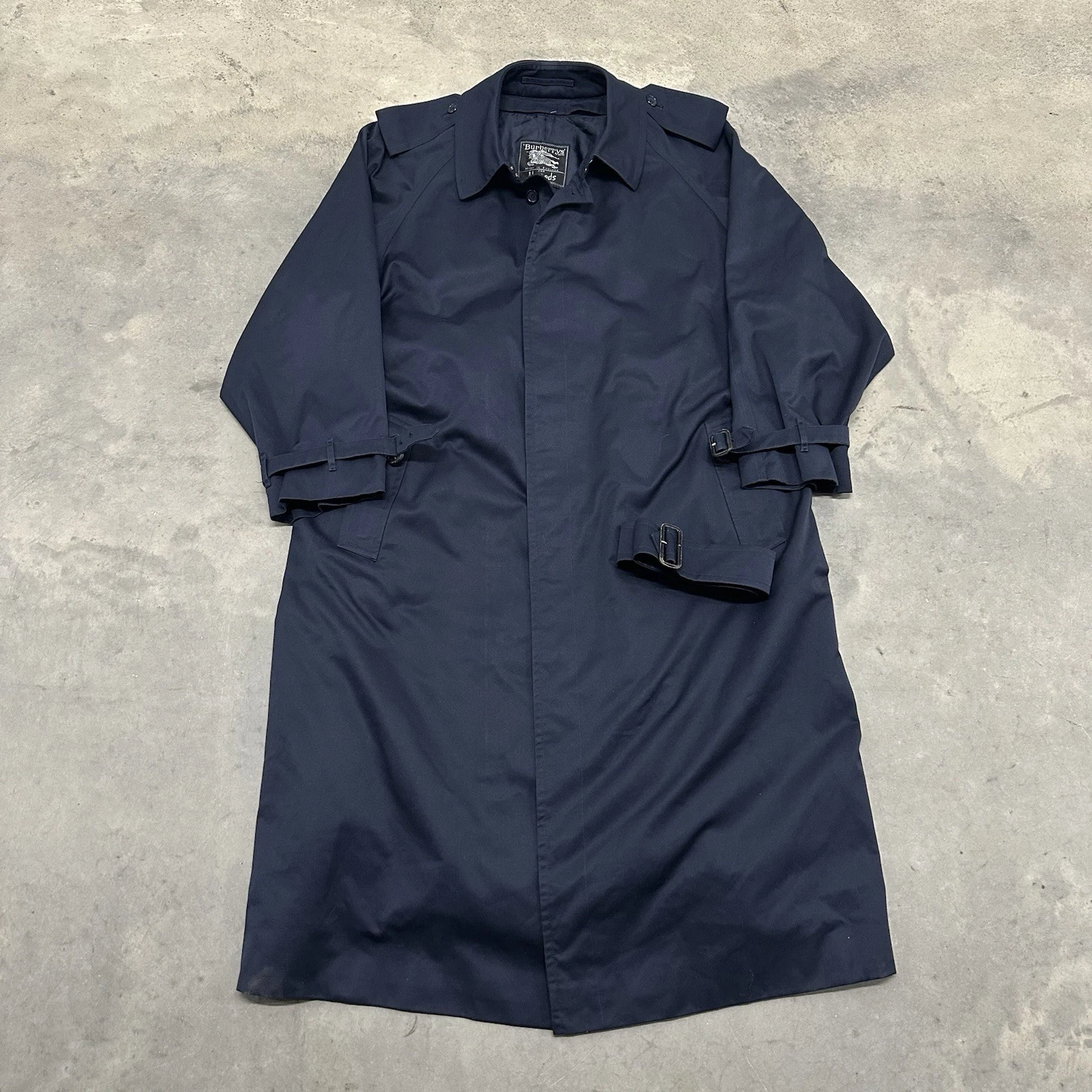 Trench coat vintage Burberrys London Harrods blu navy taglia 56 lungo B88C fodera lana a quadri