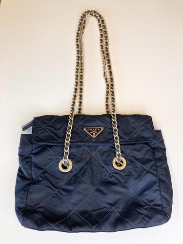 PRADA Nylon Quilted Shoulder Bag Navy Gold Chain Authentic Women's Crossbody