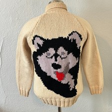 Vtg 1950s Mens Sz M Handmade Cowichan Full Zip Cardigan Sweater Wool Husky Dog