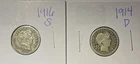 Barber Dimes Lot of 2 Coins. 1914 D and 1916 S. Very Nice Condition