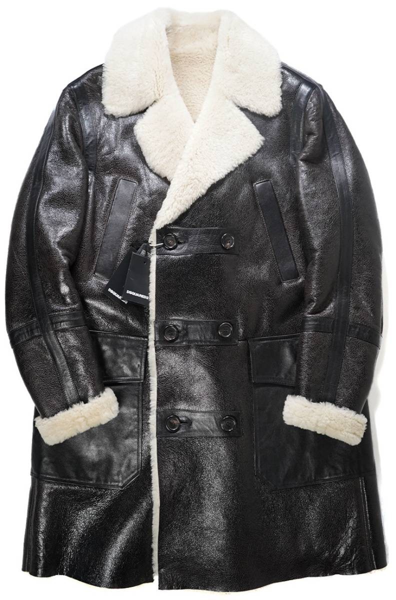 Unused 2019 FW DSQUARED2 Vintage-Style Leather-Trimmed Coat Mens Size 48