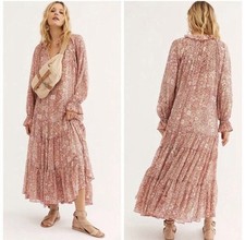 FREE PEOPLE Red Floral Print Bohemian Feeling Groovy Ruffle Maxi Dress XS