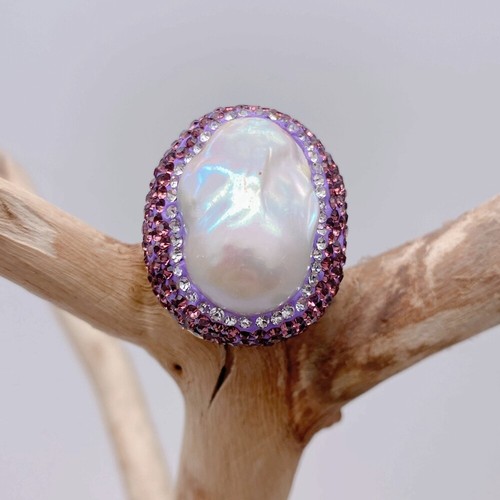 Cultured White Pearl Baroque Pearl Ring Purple Crystal Pave Handmade Unique Ring - Picture 2 of 6