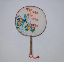 Vintage Asian Japanese Geisha Fan Flowers & Bird Hand Painted 9"