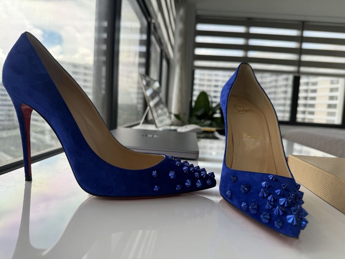 Christian Louboutin Drama Pump 100 Azulejo/Blue Studded Christian Louboutin Drama Pump 100 Azulejo/Blue Studded