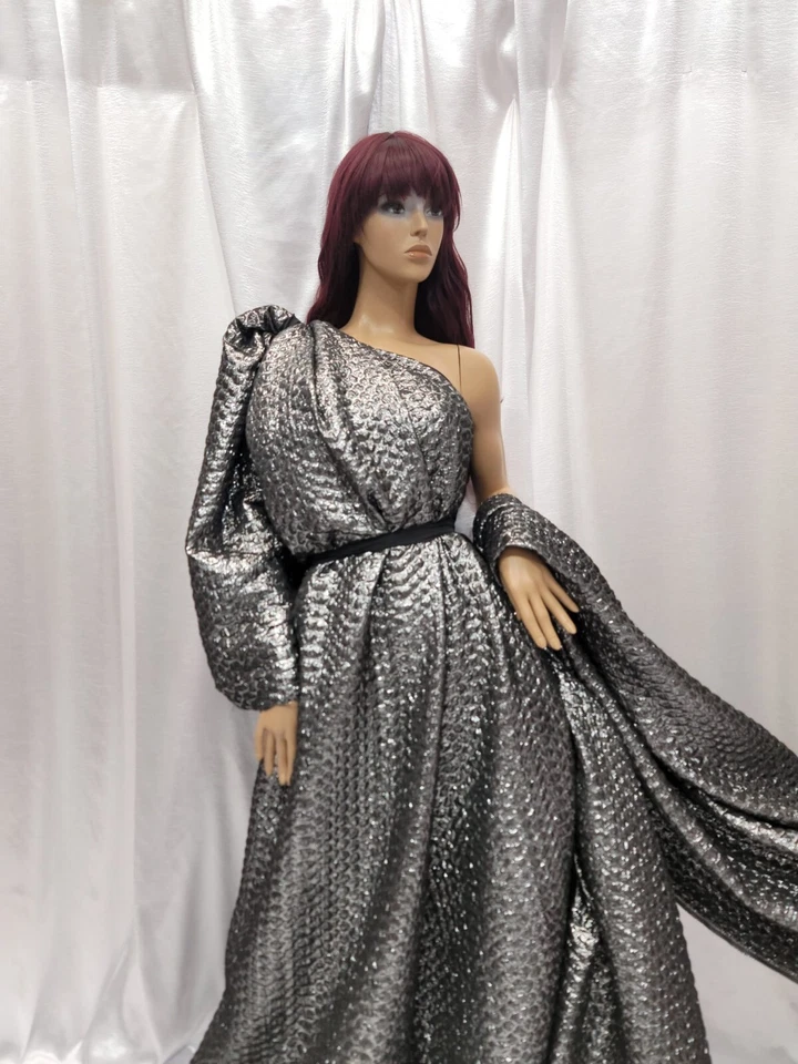 Dark Gray Metallic Brocade Jacquard Fabric by Yard Floral Flowers Dress Gown - Image 3 of 4