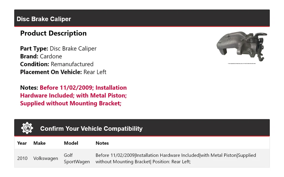 For 2010 Volkswagen Golf SportWagen Disc Brake Caliper Rear Left Cardone - Image 2 of 4