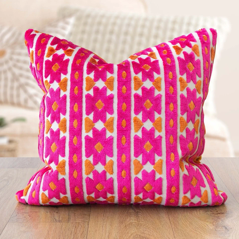 Kashan Geometric Cut Velvet Cushion. Bright Pink & Burnt Orange. 17x17" Cover - Image 2 of 4