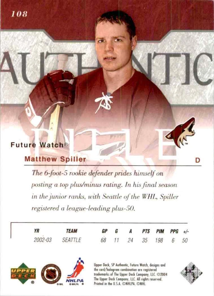 2003-04 Upper Deck SP Authentic Matthew Spiller RC 35/900 #108 - Image 2 of 2