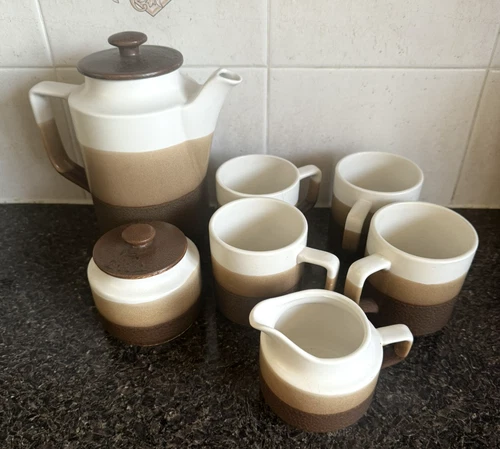 Vintage  1970’s Retro  Coffee Pot, Sugar Bowl, Creamer & Mugs  - Tri Colour Set