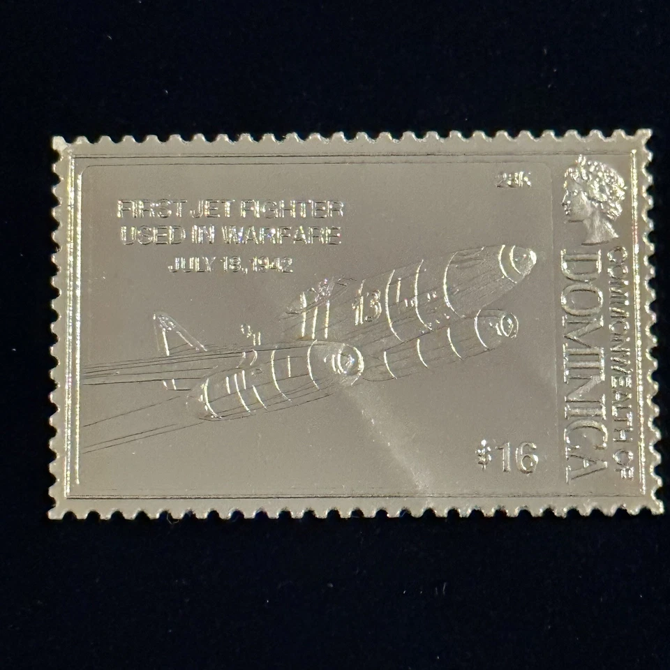 Dominica 23K Gold Foil $16 Stamp First Jet Fighter Combat Warfare July 18 1942 - Image 4 of 4
