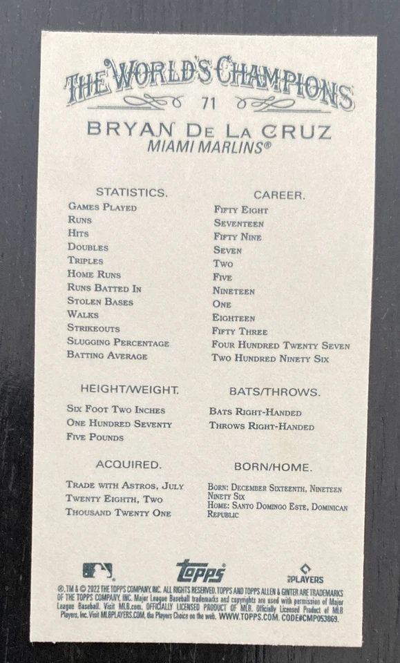 2022 Allen and Ginter Base Mini #71 Bryan De La Cruz - Miami Marlins - Image 2 of 2