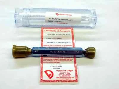 M & J TOOLING LLC NEW 1/2 20 UNJF 3B VERMONT THREAD PLUG GAGE .5 GO NO GO P.D.'S = .4675 & .4717