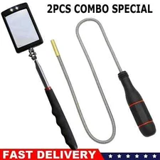 2 Magnetic Telescoping Pickup Rod Tool LED Light Grabber Stick Inspection Mirror