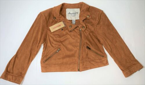 NEW American Rag Cie Camel Brown Faux Suede Cropped Crop Zip Moto Jacket Women M