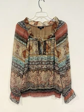 Elementz Womens Peasant Top Size XL Tie Keyhole Ruffle Neck Chiffon Lined Blouse